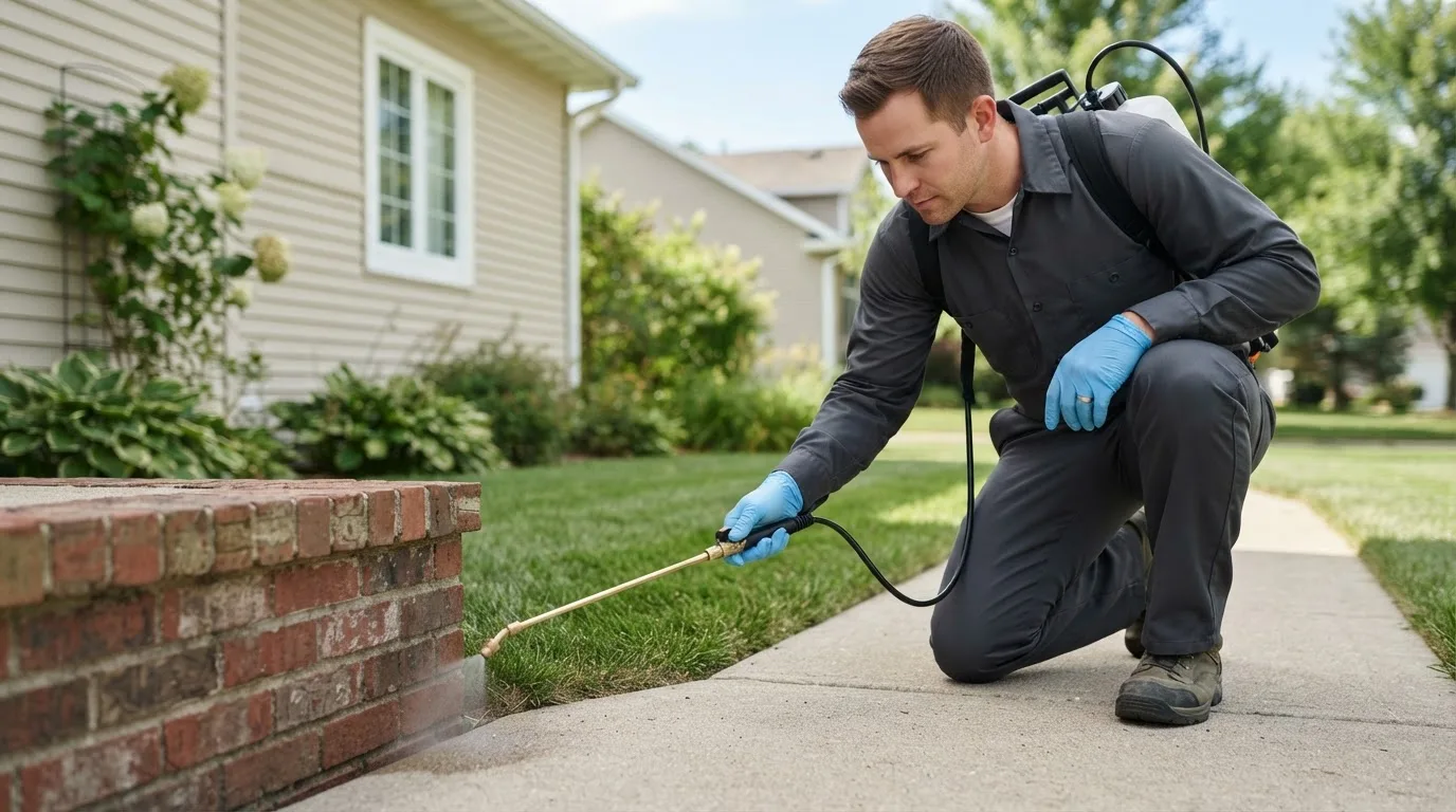 Pest control technician treating a home near Durham, MO