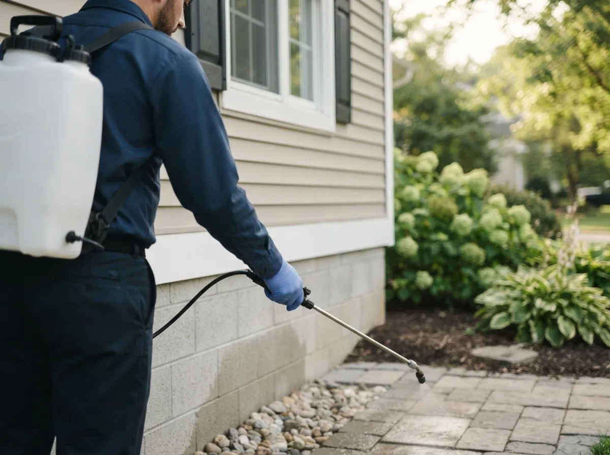 Pest control technician inspecting a home in Durham, MO